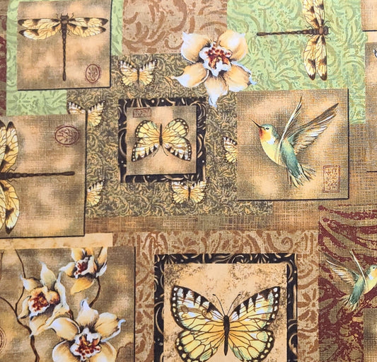 CP32487 Patch Scene Susan Winget JoAnn Fabric - Brown, Tan, Burgundy, Green Botanical Block Fabric / Butterfly, Dragonfly, Hummingbird