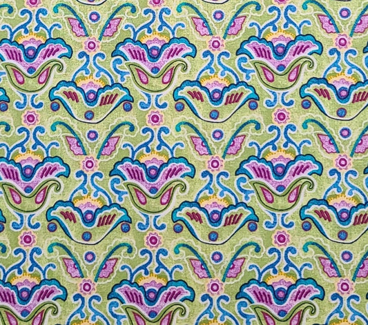 Bright Green Fabric / Purple, Blue, Yellow, White Print - Selvage to Selvage Print