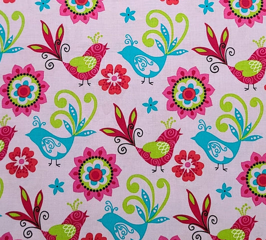 JoAnn Fabric - Lavender Fabric / Bright Blue, Pink, Raspberry, Green Bird and Flower Print