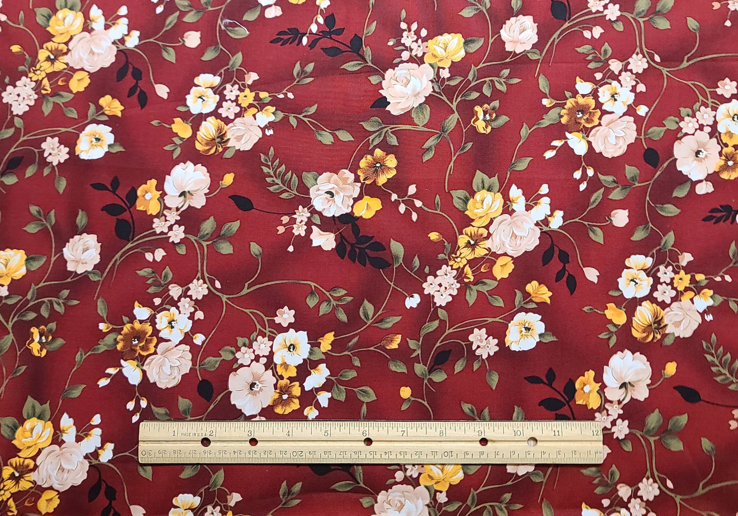 Hi-Fashion Fabrics Inc Patt#JA-C1949 - Dark Red Tonal Fabric / White, Peach, Gold, Green Flower and Branch Print