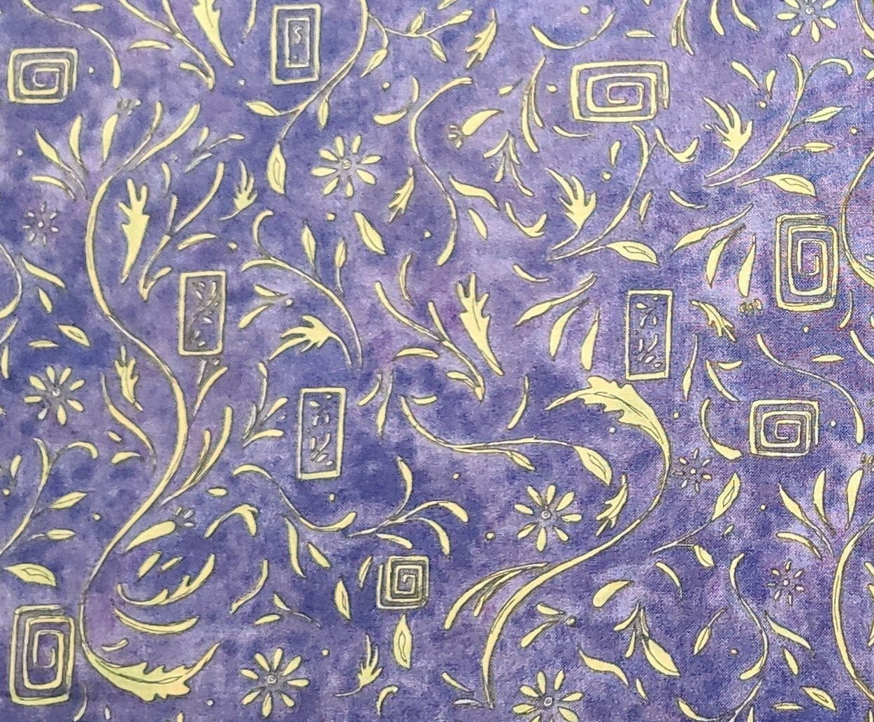 CP37223 Purple Elegance Susan Winget - Purple Tonal Fabric / Light Chartreuse Flower, Leaf and Geometric Print