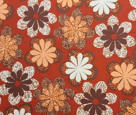 Legacy Studio - Dark Red Fabric / Large Brown, White and Coral Retro Flower Print