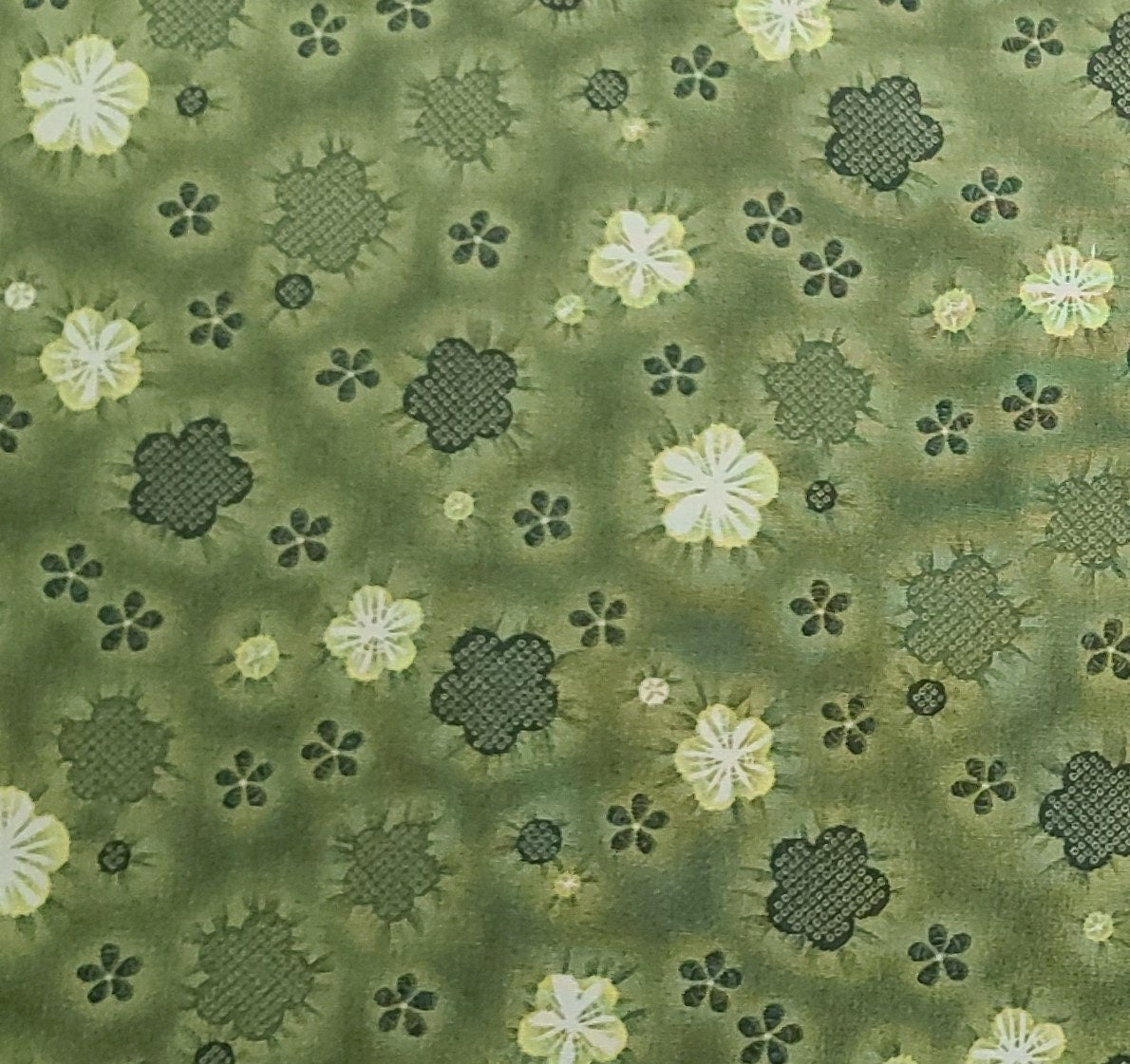 Kona Bay Fabrics 2008 Design: NOBU-24 - Olive Green Tonal Fabric / Dark Green, White Flower Print