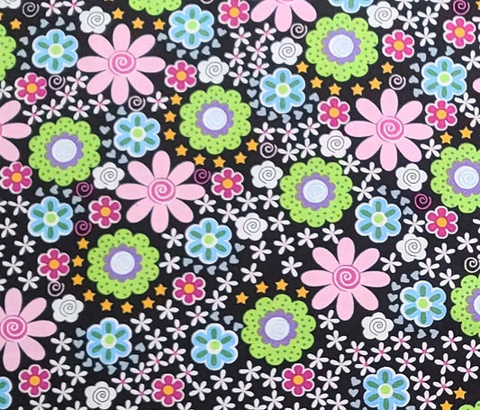 EOB - B48-BSTFF!-P23 2011 Brother Sister Design Studio - Black Fabric / Bright Green, Pink, Purple, White Retro Flower Print