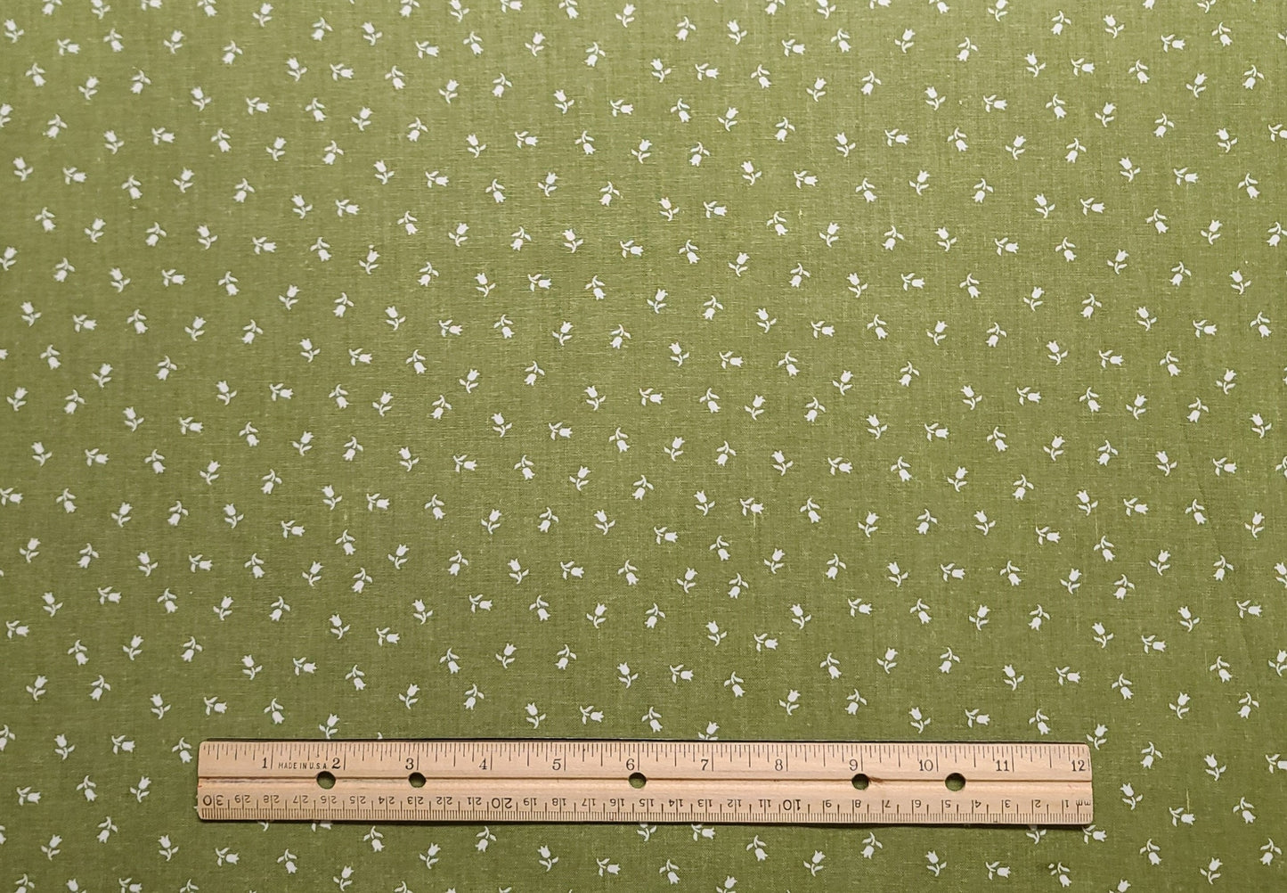 Logantex Studio Design by Joan Pace Baker - Olive Green Fabric / White Ditsy Flower Print