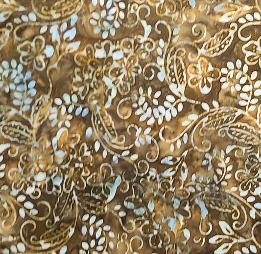 BATIK - Antique Gold, Golden Brown Fabric / White and Aqua Flower Vine Scroll Tjap