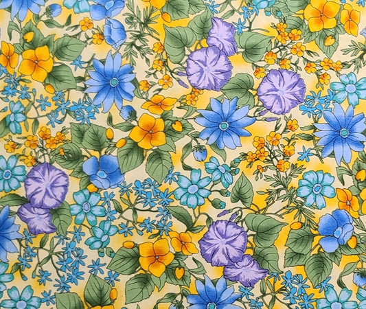 RTC Fabrics - Yellow Tonal Fabric / Blue, Orange, Aqua, Green Floral Print