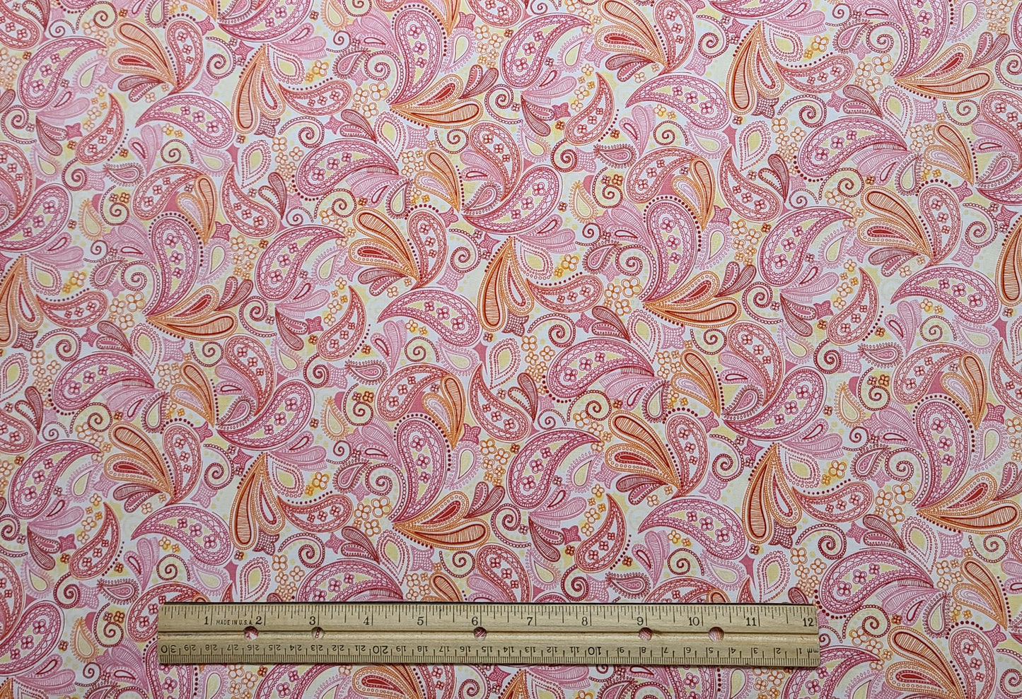 Jules & Coco Patt#JC-291 - White and Yellow Fabric / Pink and Coral Paisley Print