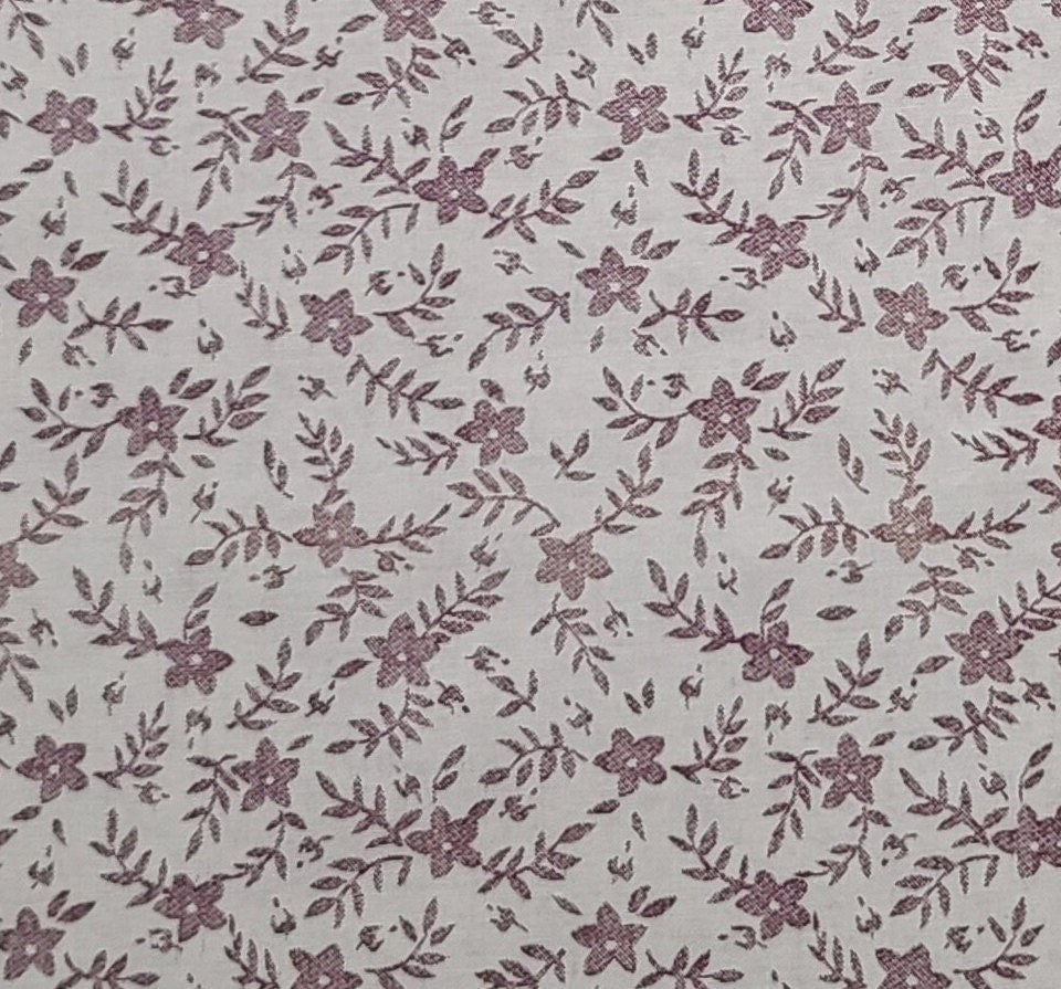 Soft White Fabric / Puce Flower Vine Print - Selvage to Selvage Print