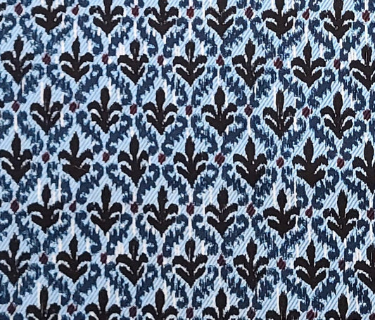 JoAnn Fabric - White and Light Blue Vertical Stripe (Parallel to Selvage) Fabric / Dark Blue, Black, Red Pattern