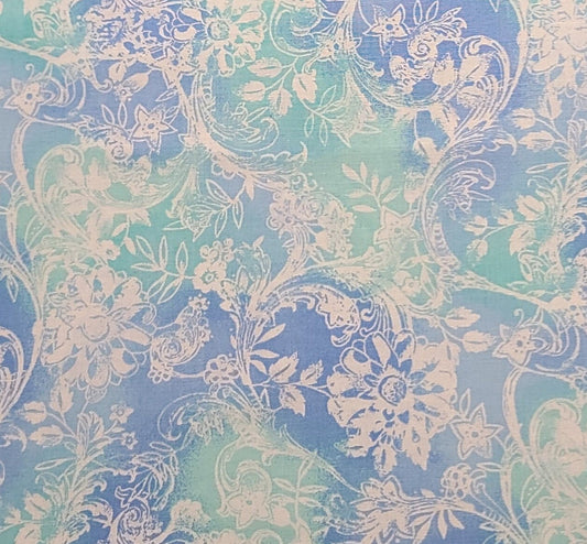 Blue and Aqua Fabric / White Silhouette Large Scroll Vine and Flower Print - Selvage to Selvage Print