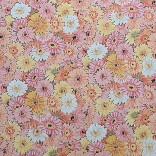 CP35897 Packed Gerbers Susan Winget JoAnn Fabric - Pink, White, Yellow, Peach Daisy Print Fabric