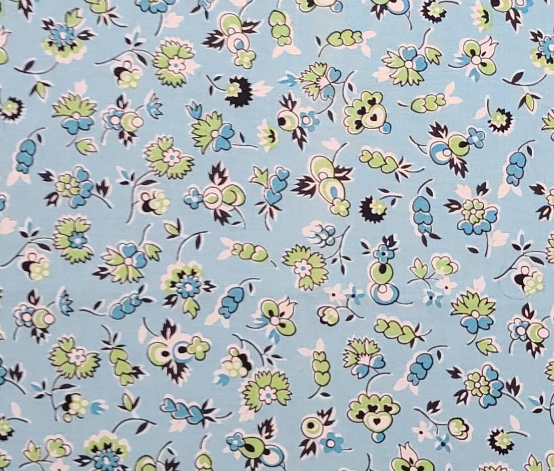 EOB - 2011 DS Quilts Collection Fabric Traditions - Aqua Blue Fabric / Black, Highlighter Green, White Flower Print