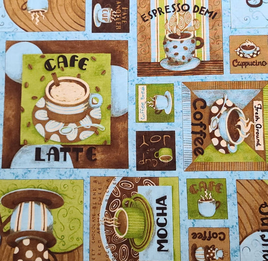 Debbie Mumm for JoAnn Fabric - Bright Blue, Brown, Tan, Lime Green Coffee Block Print Fabric