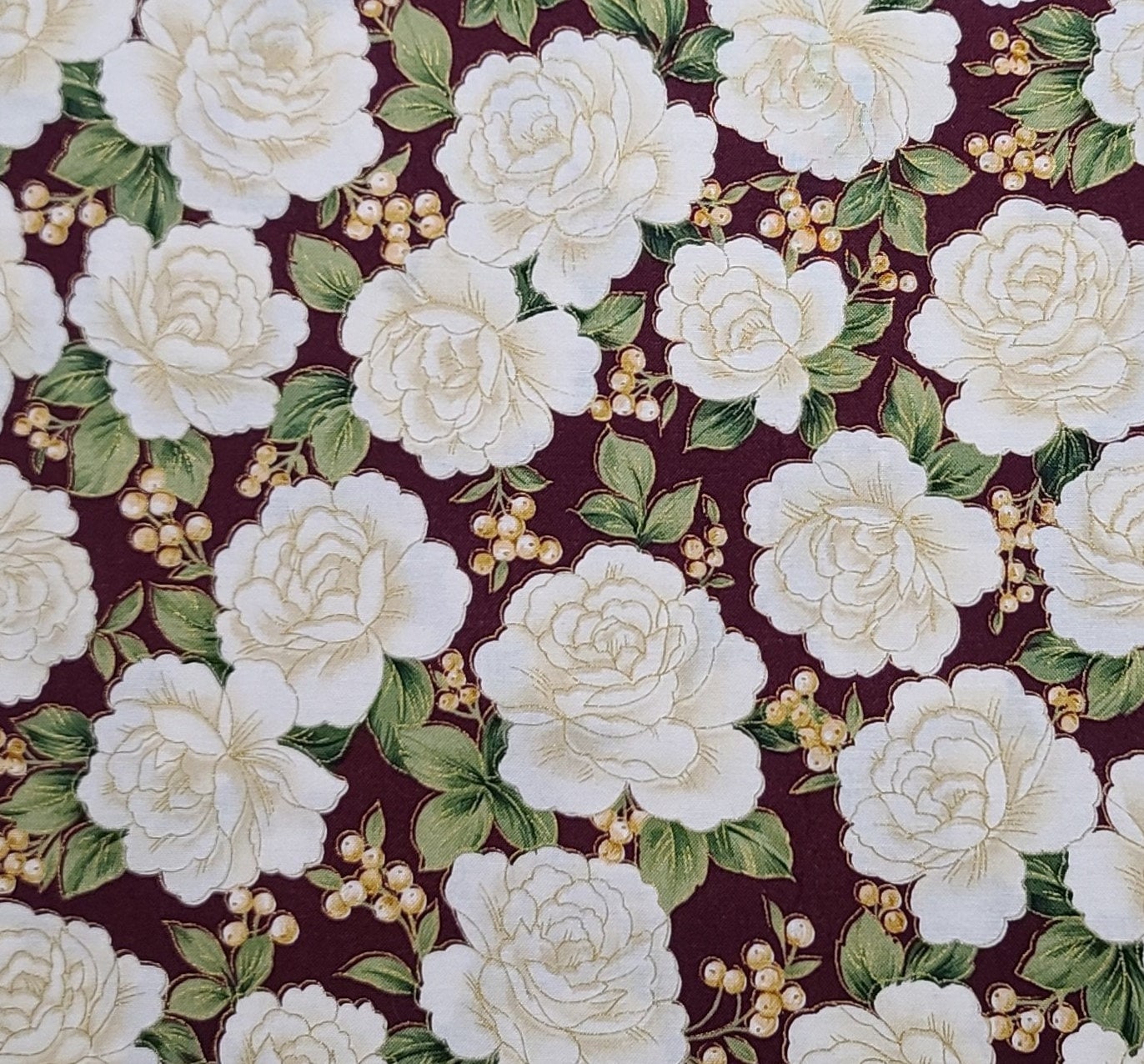 Timeless Treasures Fabrics Inc Joy-CM3328 - Burgundy Fabric / White and Gold Rose and Holly Berry Print / Gold Metallic Accents