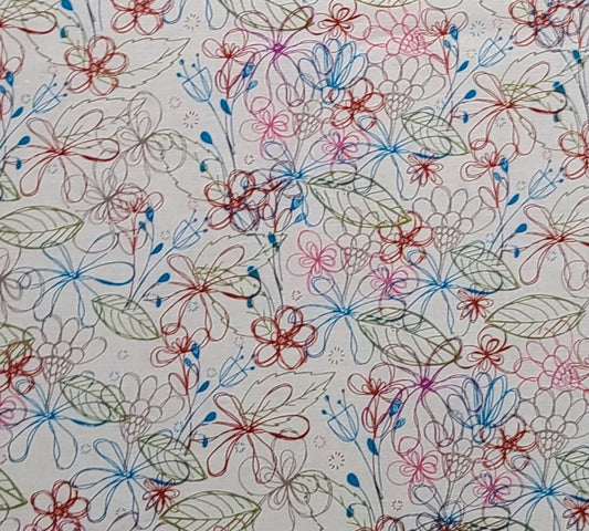 Color Bok for JoAnn Fabric - White Fabric / Red, Teal, Pink, Green and Plum Spirograph Flower and Leaf Print