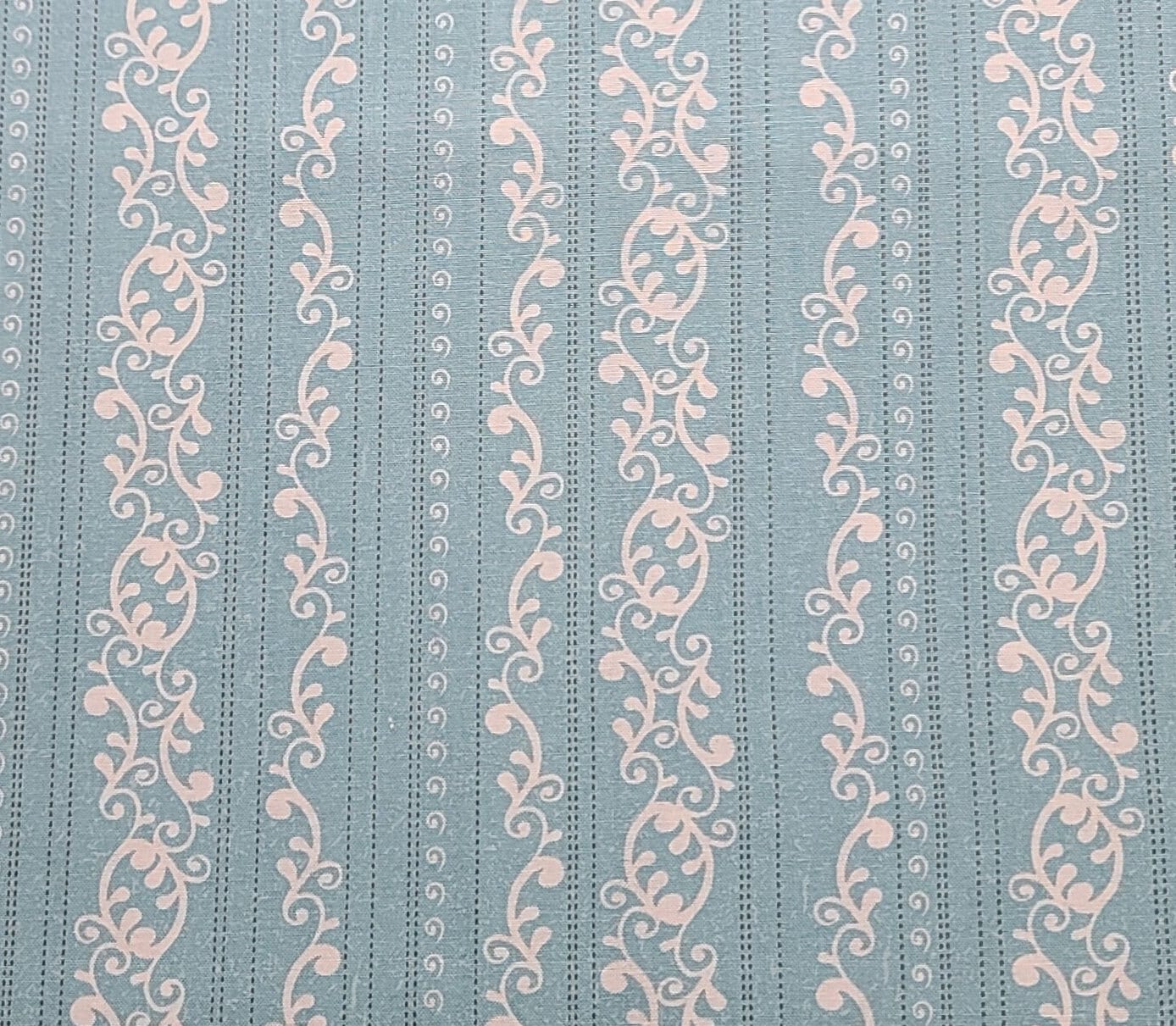 Color Bok for JoAnn Fabric - Light Blue Fabric / White Scroll and Dark Brown Dashed Line Vertical (Parallel to Selvage) Stripe