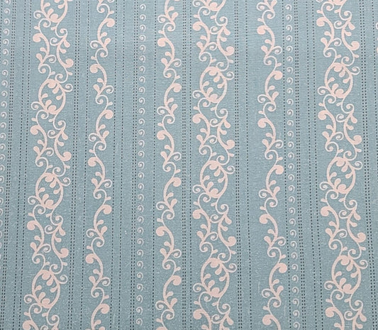 Color Bok for JoAnn Fabric - Light Blue Fabric / White Scroll and Dark Brown Dashed Line Vertical (Parallel to Selvage) Stripe