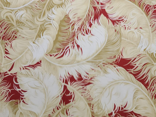 Incarnadine Robyn Pandolph 2014 RJR Fabrics - Crimson Fabric / Gold and Cream Giant Feather Print