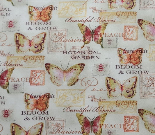 CP40851 Beautiful Blooms Tonal Butterflies Susan Winget - Yellow Fabric / Gold, Pink, Green Fruit, Flower and Butterfly Print