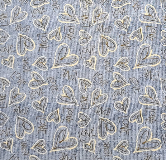 Debbie Mumm for JoAnn Fabric - Light Denim Blue Tonal Fabric / Antique Gold and White Tossed Heart and "Love" Print