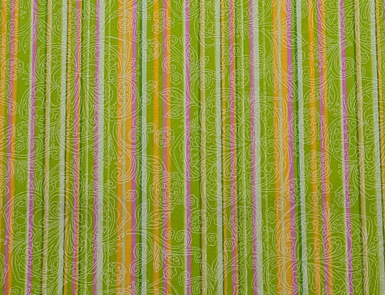 Green, Pink, Orange and White Vertical Stripe (Parallel to Selvage) Fabric / White Flower Scroll Overlay