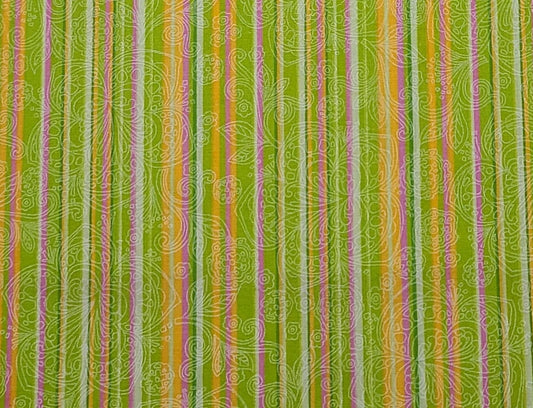 Green, Pink, Orange and White Vertical Stripe (Parallel to Selvage) Fabric / White Flower Scroll Overlay