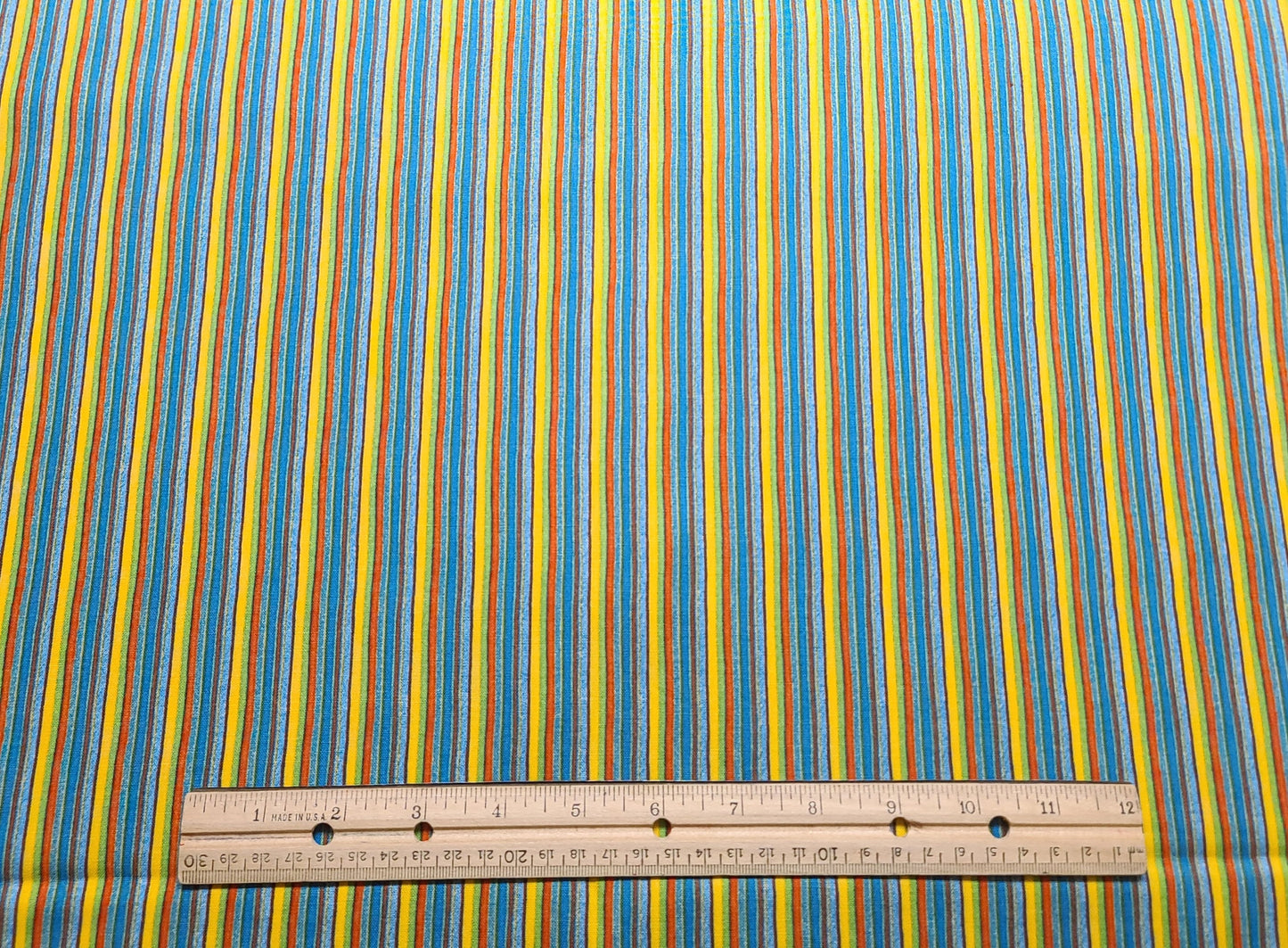 David Textiles - Bright Blue, Yellow, Orange, Lime Green, Rust Vertical (Parallel to Selvage) Stripe Fabric.