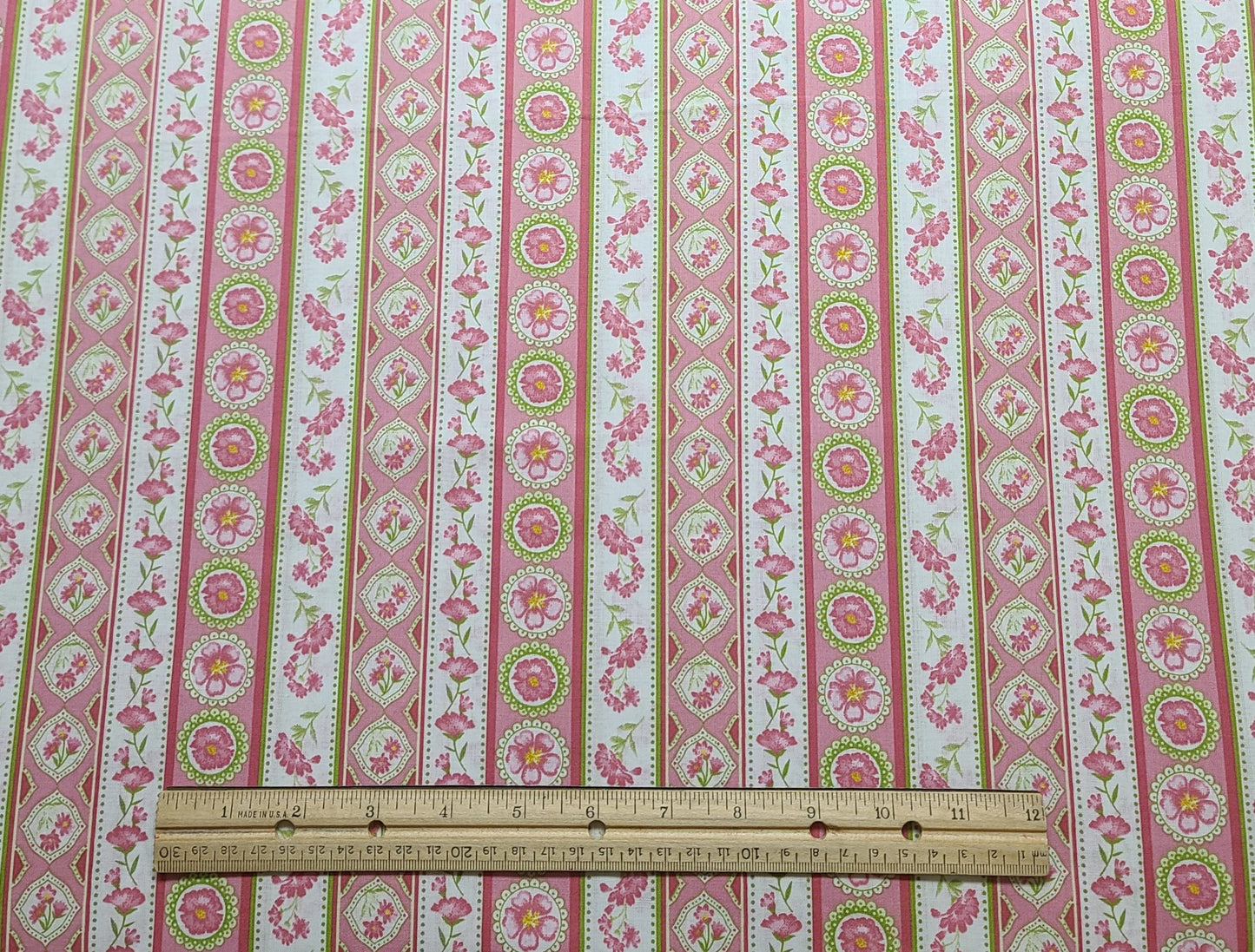 White, Pink and Green Floral Medallion Vertical Stripe (Parallel to Selvage) Fabric
