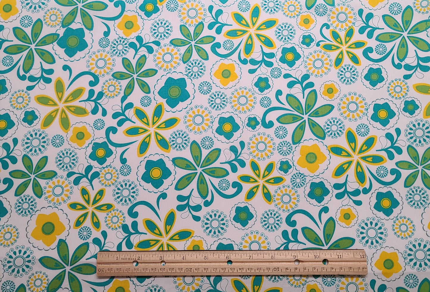 JoAnn Fabric - White Fabric / Teal, Green and Yellow Retro Flower and Medallion Print