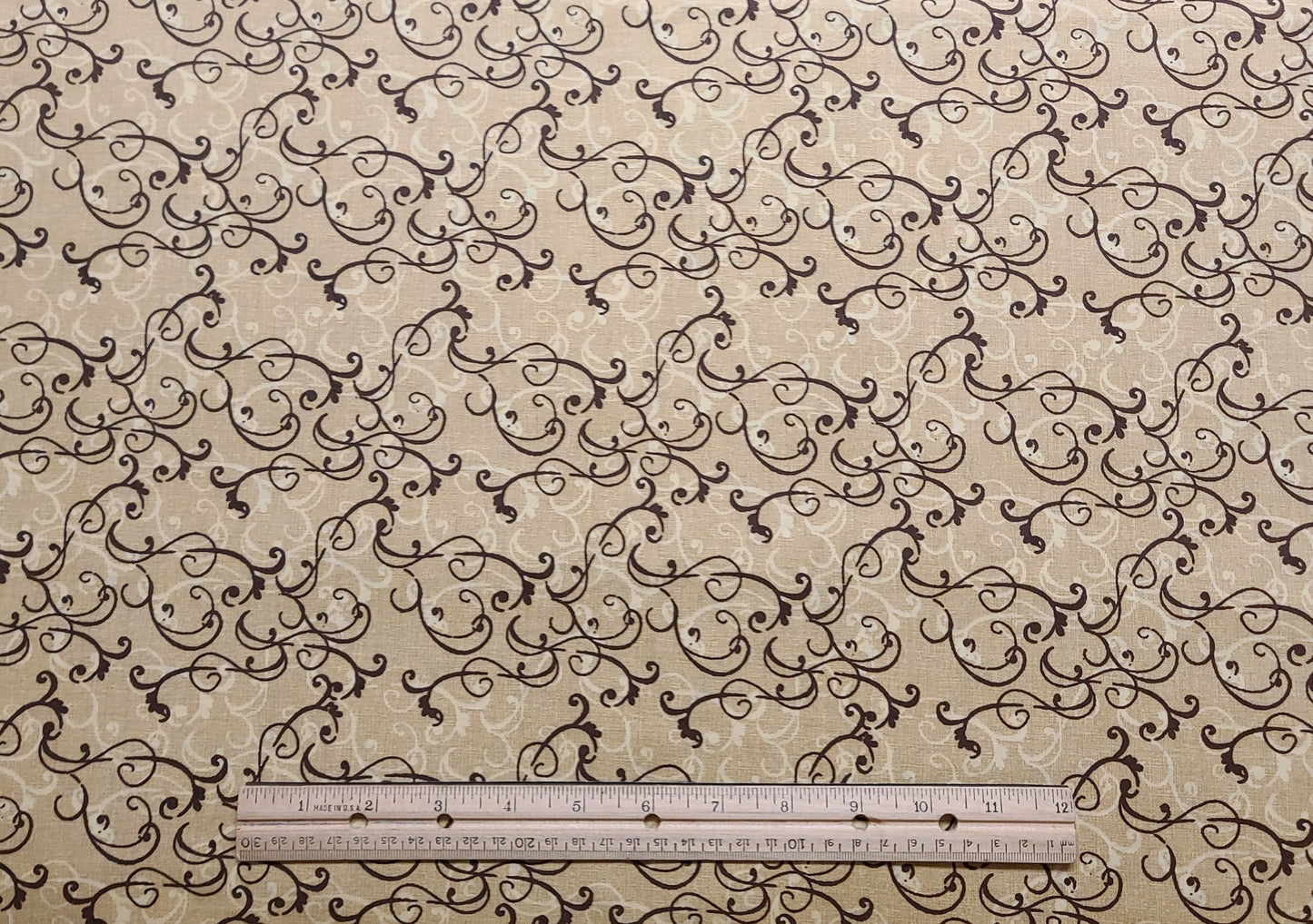 JoAnn Fabric - Tan Tonal Fabric / Cream and Dark Brown Vine and Scroll Print