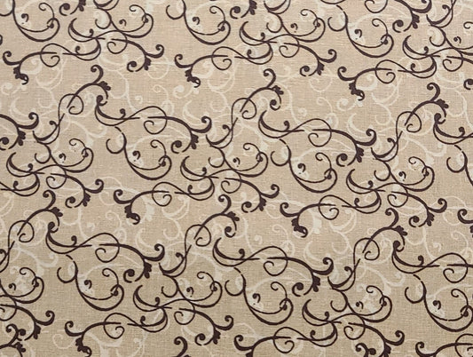 JoAnn Fabric - Tan Tonal Fabric / Cream and Dark Brown Vine and Scroll Print