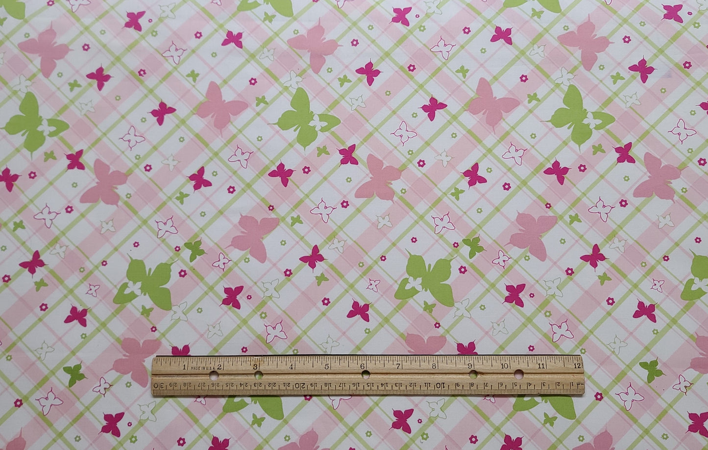 JoAnn Fabric - White Fabric / Light Green, Pale Pink, Raspberry Diagonal Plaid Fabric / Butterfly and Flower Pattern