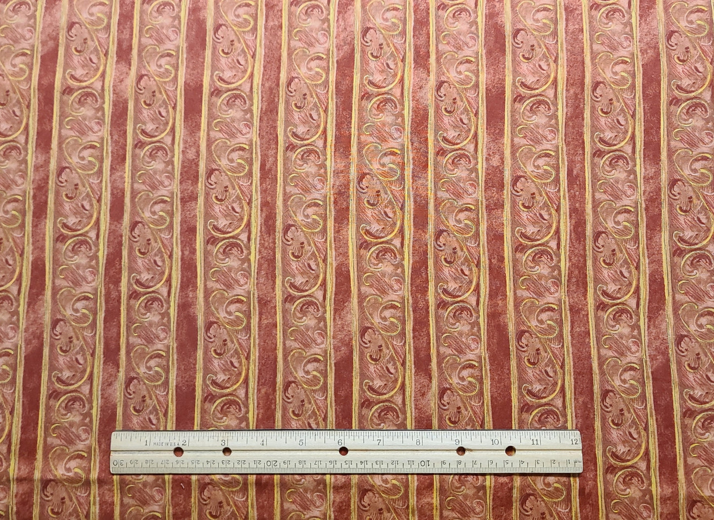 CP31302 Fleur du Printemps Scroll Stripe Legacy Studio - Rust, Pink and Gold Vertical Stripe (Parallel to Selvage) Fabric