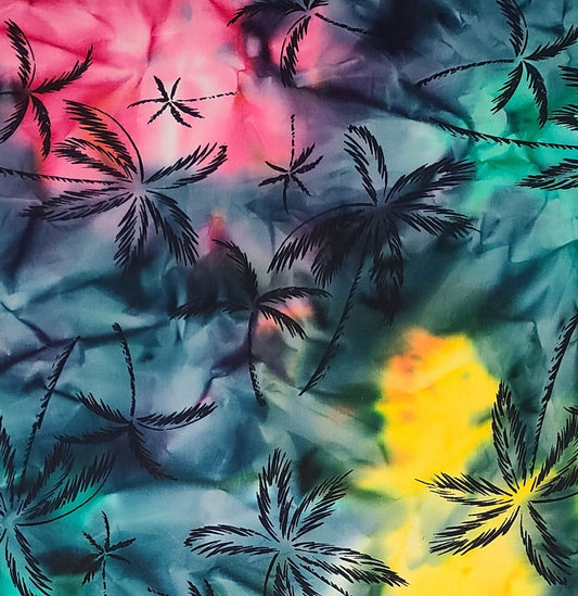 BATIK - Dark Blue, Green, Bright Yellow, Bright Pink Fabric / Dark Blue Palm Tree Tjap