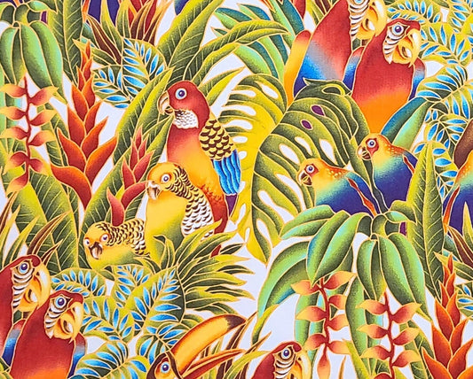 Wildlife Paradise Robert Kaufman Screen Print D#5492 - White Fabric / Jewel Toned Jungle Print / Tropical Birds