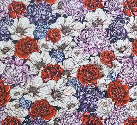 EOB - JoAnn Fabric Maggie Enterrios - Dark Blue Fabric / Purple, Red, Blue, White, Lavender Allover Floral Print