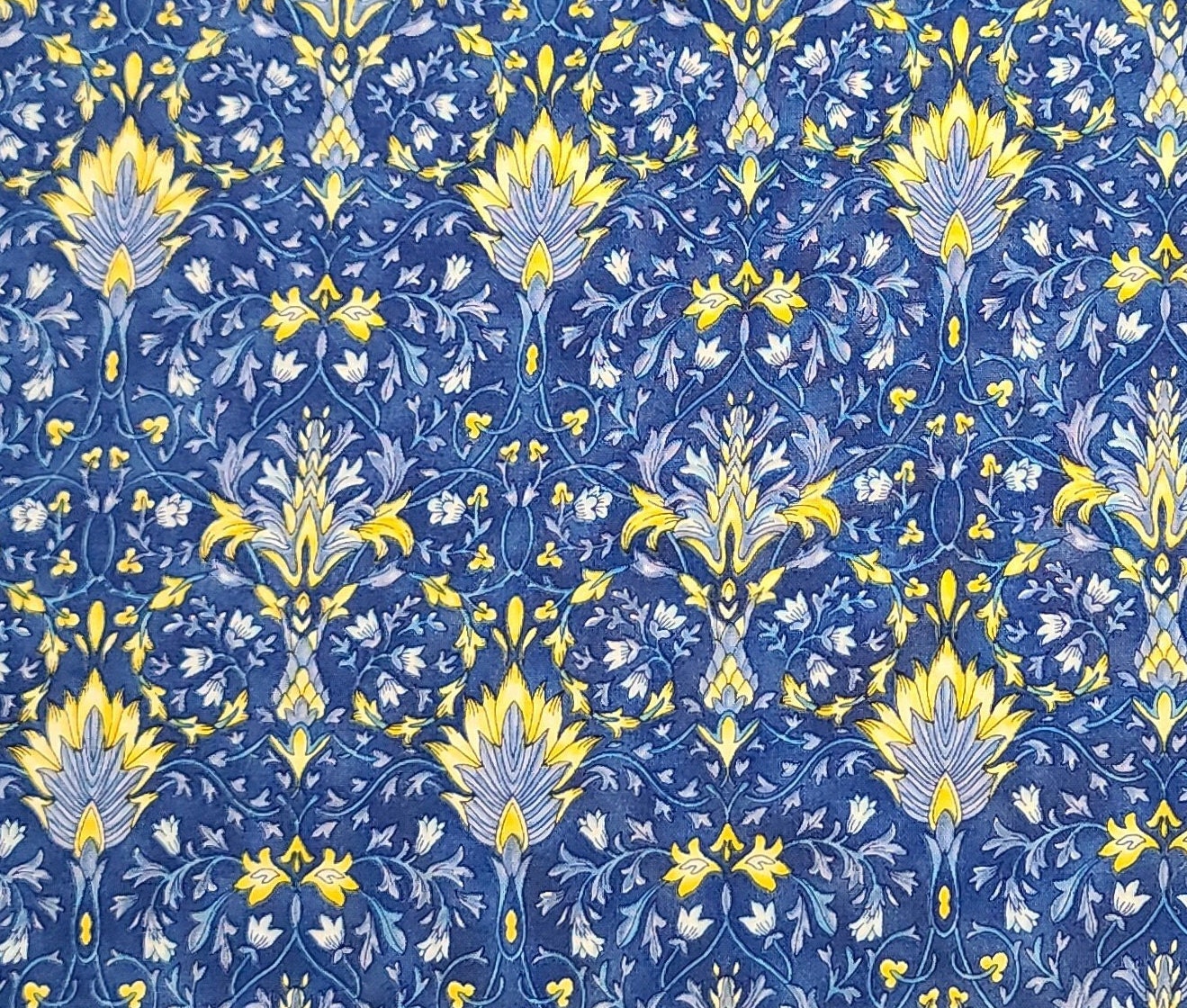 Fleurette for Benartex Print #595 - Royal Blue Fabric / Yellow, Light Blue, Dark Periwinkle French Colonial Floral Pattern