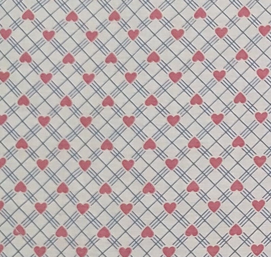 EOB - White Fabric / Blue Diamond Pattern / Dusty Rose Hearts - Selvage to Selvage Print