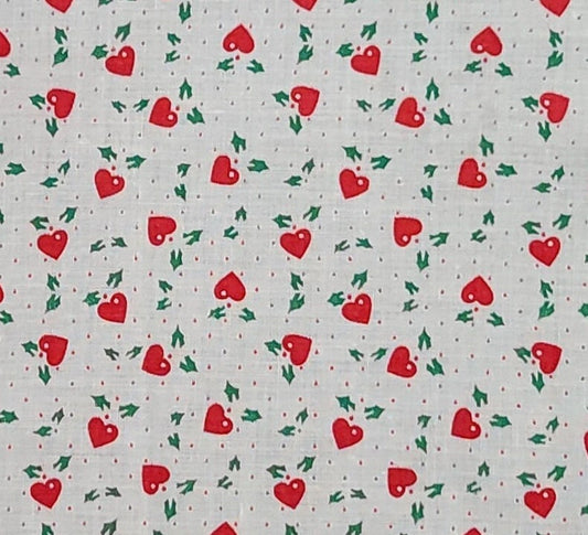 EOB - White Fabric with Tiny Red Dots / Green Holly Leaves / Red Hearts - Selvage to Selvage Print