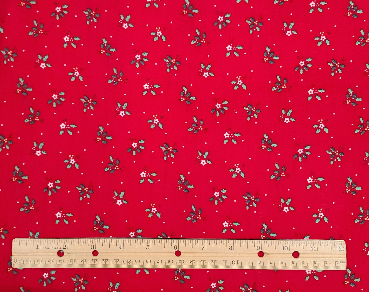 Red Fabric / White and Green Holly Print - Selvage to Selvage Print