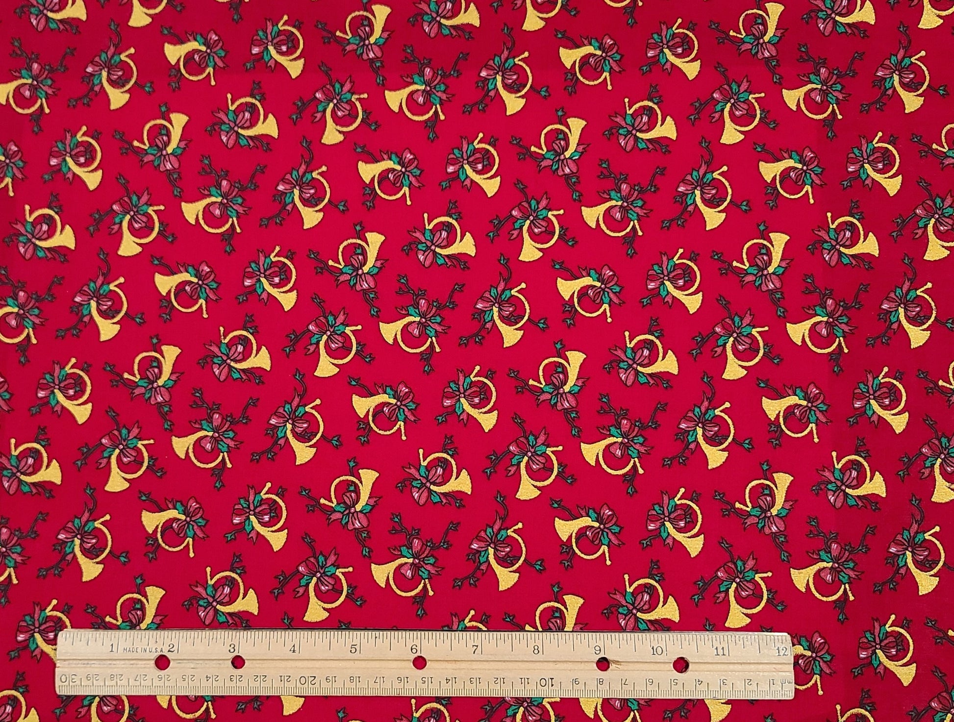 Dark Red Fabric / Pink and White Ribbon, Green Holly Leaves, Gold
