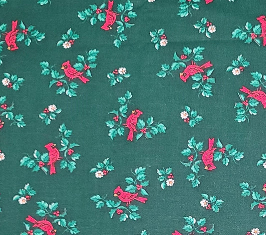 EOB - Dark Green Fabric / Red and White Cardinal and Holly Print - Selvage to Selvage Print