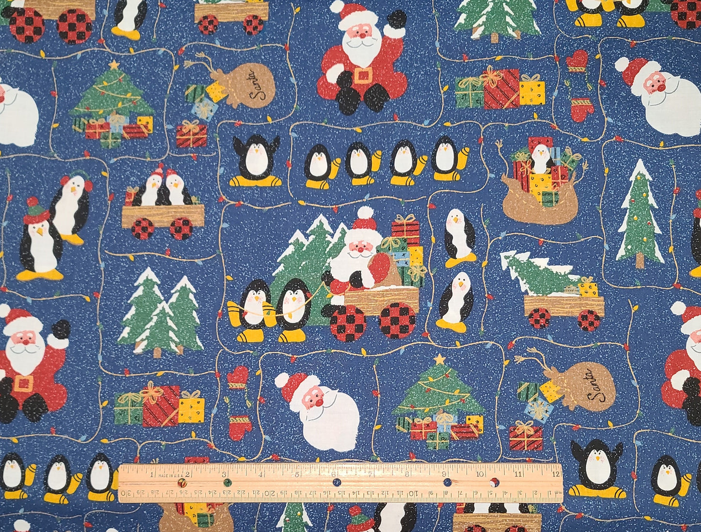 TAF Inc Textile Art and Film - Denim Blue Speckled Fabric / Santa, Tree and Penguin Block Print