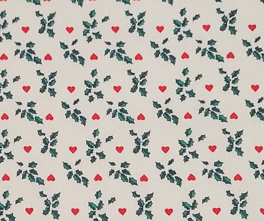 Cream Fabric / Green, Red, Holly and Heart Print - Selvage to Selvage Print