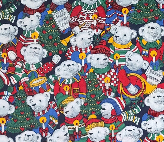 Concord Fabrics Inc by The Kesslers - Dark Blue Fabric / Carolling Teddy Bear Print