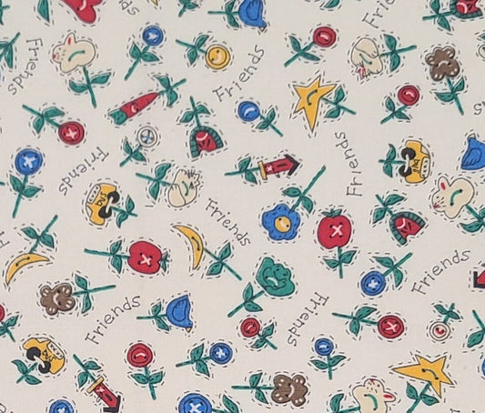 Cream Fabric / Red, Blue, Yellow Button Flower Print and Friends Script - Selvage to Selvage Print