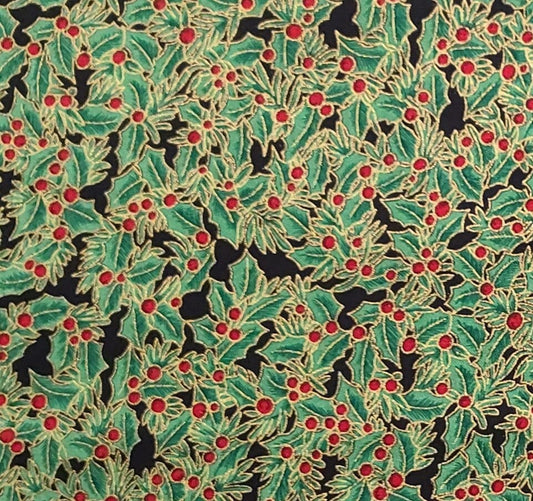 David Textiles Inc - Black Fabric / Green Holly Leaves / Red Berries / Gold Metallic Accents