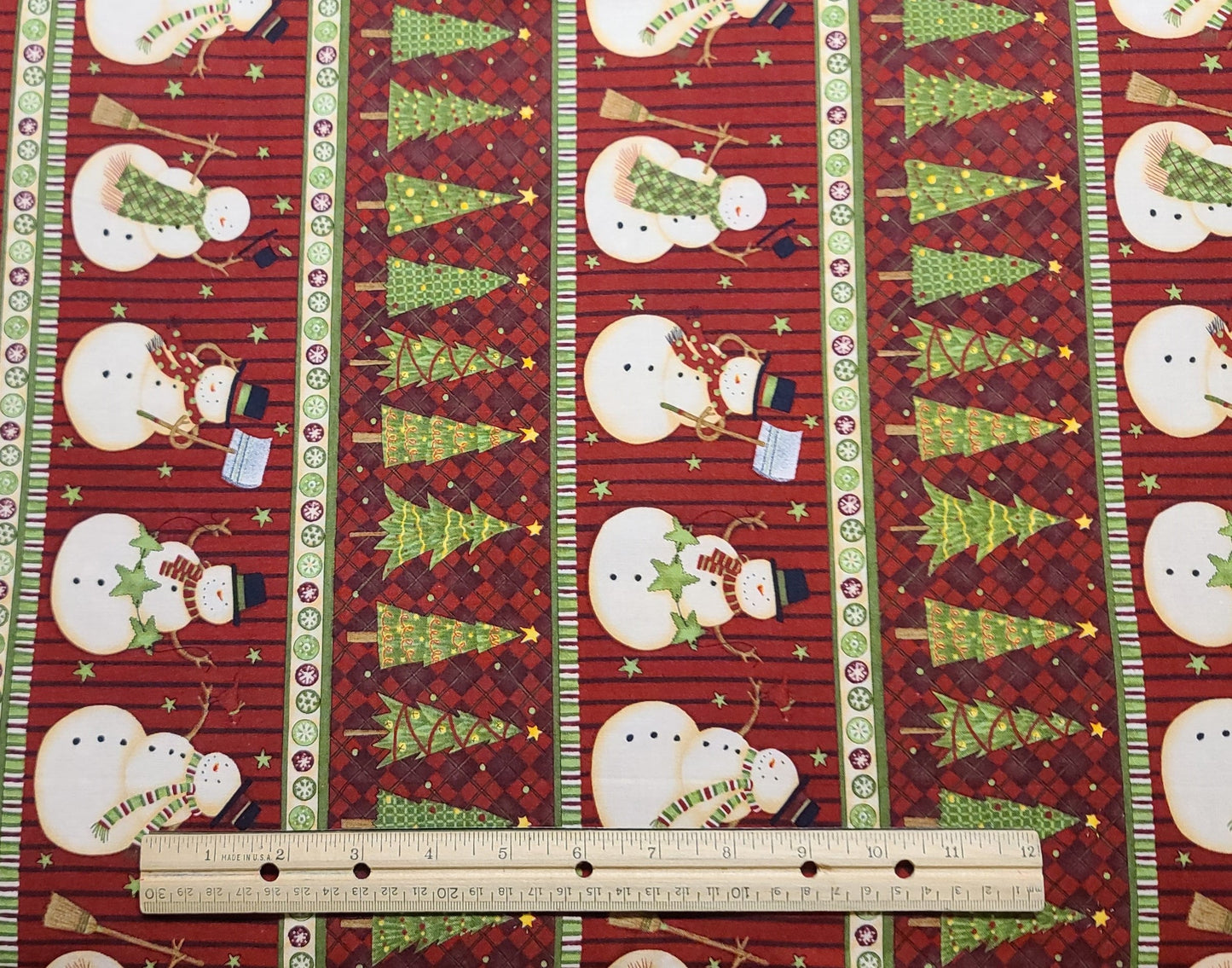 Debbie Mumm for MM Fab Inc - Dark Red, Green, Cream and White Snowman and Christmas Tree Stripe (Parallel to Selvage) Fabric