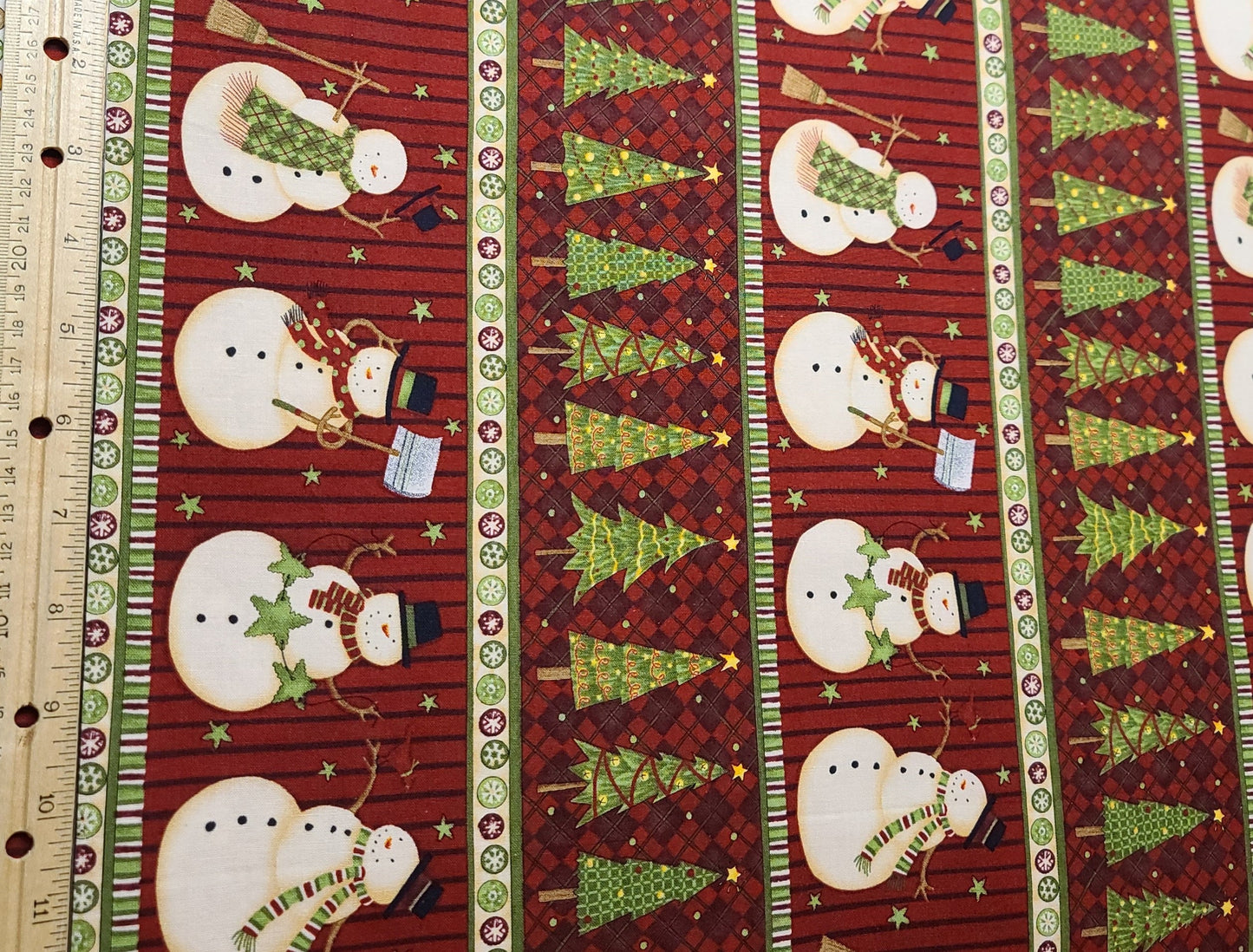 Debbie Mumm for MM Fab Inc - Dark Red, Green, Cream and White Snowman and Christmas Tree Stripe (Parallel to Selvage) Fabric